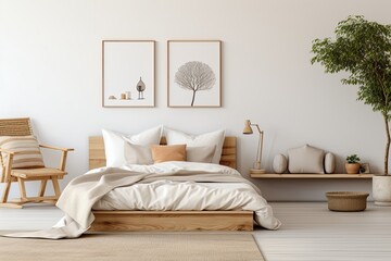 Bright and natural children's bedroom interior with wooden furniture designer equipment and a poster on a white wall