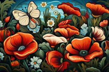 Illustration of a vibrant floral painting with colorful butterflies on a dark background created with Generative AI technology