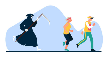 Athletic lifestyle as guarantee of longevity. Grandpa and grandma run away from reaper of death. Grandparents active exercises. Healthy elderly people. Sport activity. Vector concept