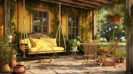 rustic patio with swing  planters and yellow wall
