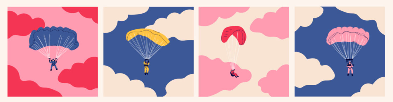 Skydivers flying with parachutes. Set of tiny cute characters. Hand drawn colorful illustration. Isolated design elements. Paragliding, skydiving, parachute jump, extreme sport, activities concept