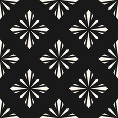 Vector monochrome geometric floral seamless pattern. Simple black and white ornamental texture in oriental style. Abstract mosaic background with flower silhouettes, diamond shapes. Dark repeat design