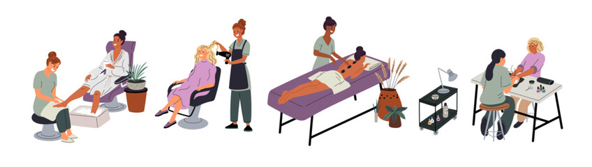 Beauty salon visitors. Women take care procedures. Hair stylist. Feet or hands skincare. Cosmetology and relaxation treatments. Manicure and pedicure. Specialists work. Garish vector set