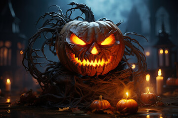 Halloween pumpkin Jack-o-lantern surrounded by fire in the scary night. Generative Ai illustration