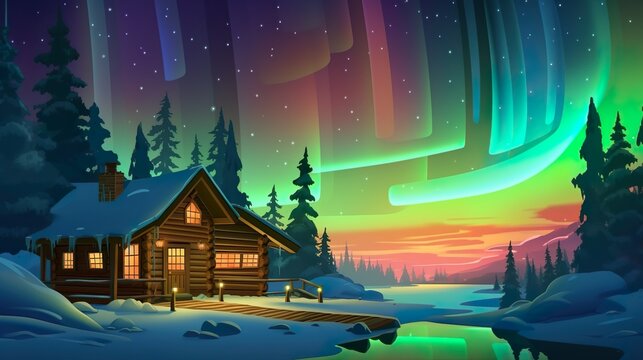 Abstract background aurora borealis. Banner design showcasing a neon-colored illustration of the breathtaking aurora borealis set against a scenic village background. Generative AI.