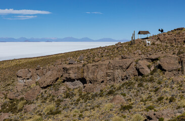 Salar de Uyuni, the biggest salt flats in the world, viewed from a mountain on the edge of the lake - natural sight in Bolivia, South America