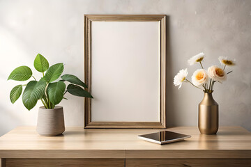 Empty wooden picture frame mockup hanging on beige wall background. Boho shaped vase, dry flowers on table. Cup of coffee, old books. Working space, home office. Art