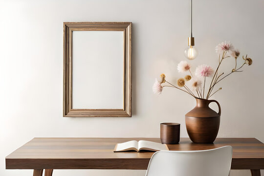 Empty wooden picture frame mockup hanging on beige wall background. Boho-shaped vase, dry flowers on the table. Cup of coffee, old books. Working space, home office.