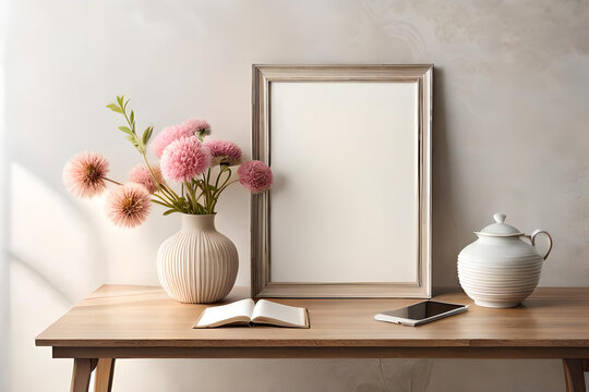 Modern empty wooden picture frame mockup hanging on beige wall background. Boho-shaped vase, dry flowers on table. Cup of coffee, old books. Working space, home office. Art. Modern interior.