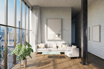 luxurious loft apartment with window; minimalistic interior living room design; 3D Illustration
