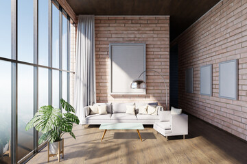 luxurious loft apartment with window; minimalistic interior living room design; 3D Illustration