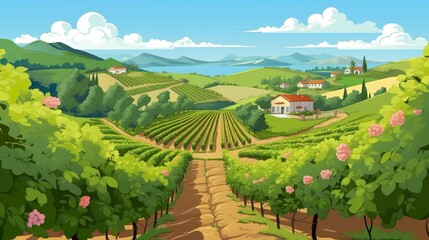 Fototapeta na wymiar Abstract background vineyard. The beauty of nature and vineyards together in a visually appealing banner design with an artistic illustration and village background. Generative AI.