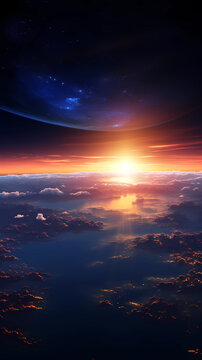 View of blue planet Earth with sun rising from space. Elements of this image furnished by NASA