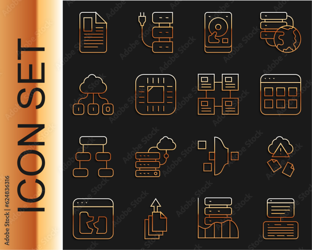 Poster set line server, data, web hosting, cloud hacking, browser files, hard disk drive hdd, processor wit