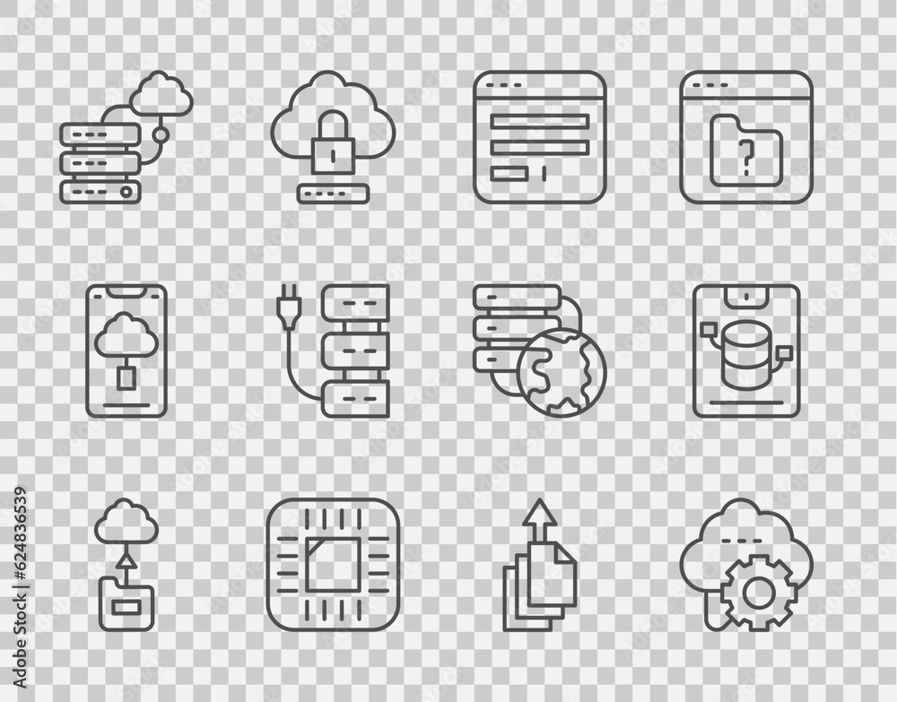 Poster set line cloud technology data transfer, browser window, processor with cpu, network cloud connectio