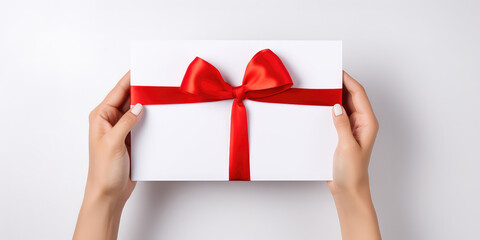 Obraz premium Blank white piece of paper with gift silk ribbon bow holding in women's hands isolated on flat light background, copy space, gift certificate template.