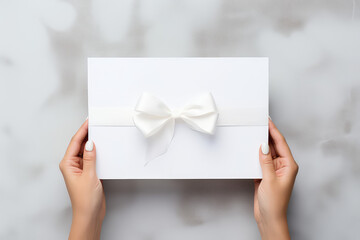 Obraz premium Blank white piece of paper with gift silk ribbon bow holding in women's hands isolated on flat light background, copy space, gift certificate template.