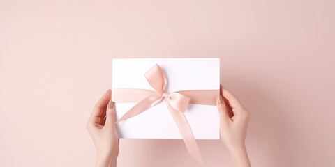 Blank white piece of paper with gift silk ribbon bow holding in women's hands isolated on flat light pink background, copy space, gift certificate template.