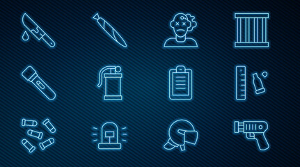 Set line Police electric shocker, Bullet casing with ruler, Murder, Hand smoke grenade, Flashlight, Bloody knife, report and Marijuana joint icon. Vector