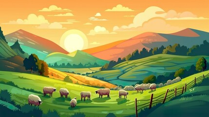 Abstract background hills and valleys. Enchanting illustration showcasing sheep grazing in picturesque valleys at sunset. Generative AI.