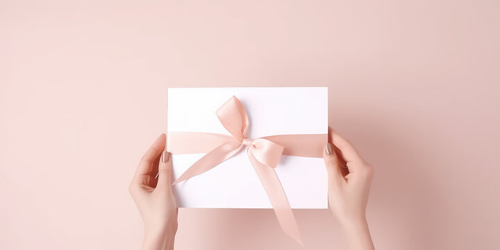 Blank white piece of paper with gift silk ribbon bow holding in women's hands isolated on flat light pink background, copy space, gift certificate template.