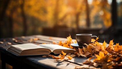 Naklejka na ściany i meble Table with a book, a cup of coffee and autumn leaves. Autumn background with warm colors. Outdoor recreation in autumn. Generative AI.