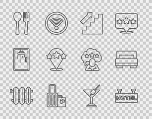 Set line Heating radiator, Signboard with text Hotel, Stairs up, Suitcase, Fork and spoon, Five stars rating review, Martini glass and room bed icon. Vector