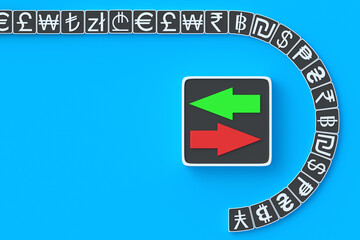 inance conversion. Currency exchange concept. Money symbol and red and green arrows on button. Stock market. World financial system. Finance conversion. 3d render