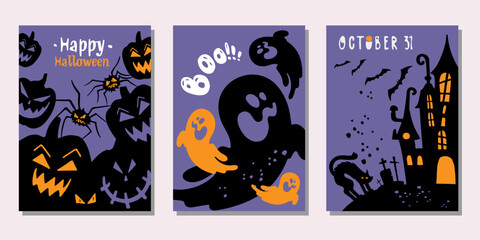 Vector set of posters, postcards, invitations to Halloween parties with traditional symbols.
