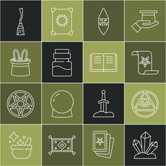 Set line Magic stone, Masons, Ancient magic book, Wizard warlock, Bottle with potion, Magician hat and rabbit ears, Witches broom and icon. Vector