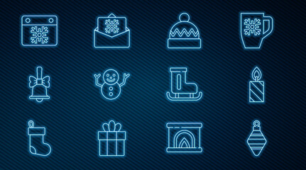Set line Christmas ball, Burning candle, Winter hat, snowman, Merry ringing bell, Calendar, Figure skates and postcard icon. Vector