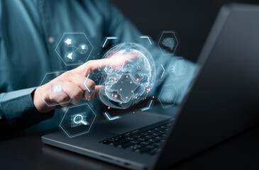 Big data flow analytic for visualization technology with science analyze information on virtual screen. AI, Machine learning to extract prediction for business model strategy, internet of things, IoT.