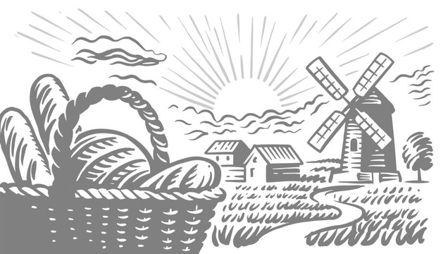 Old mill and bread. Village vector sketch
