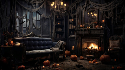 Obraz na płótnie Canvas Living room is decorated for Halloween. Generative AI