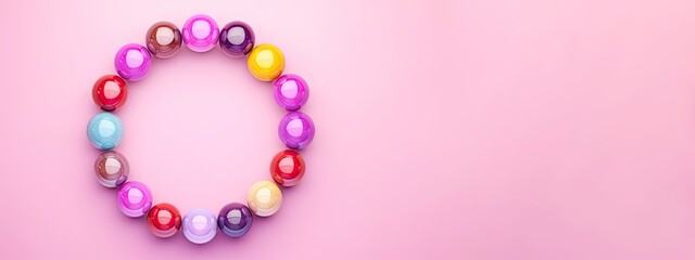 Obraz premium 3d rendering of colorful glass spheres in circle shape on pink background with copy space,generative ai
