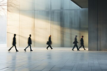 Fototapeta na wymiar Blurred people walking in modern city by Generative AI