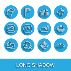 Fototapeta premium Set line Location cloud, Water drop percentage, Man having headache, Snowflake, Cloud, Fahrenheit, Sunrise and Rainbow with clouds icon. Vector