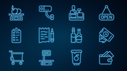 Set line Wallet with money, POS terminal, Cashier at cash register, Shopping list and pencil, Electronic scales for product, Whiskey bottle and Security camera icon. Vector