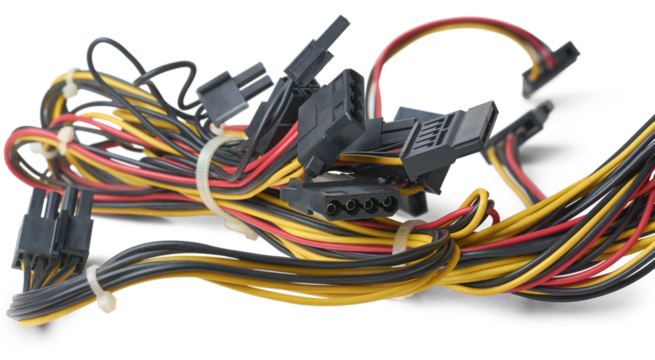 close-up of computer power supply cables, multicolored pc wiring harness isolated on white background, taken in selective focus with shadows