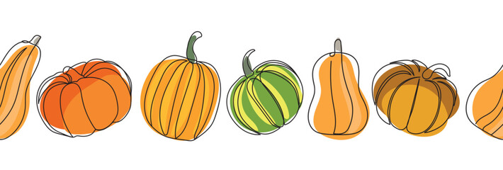 Pumpkins seamless border. Different types of pumpkins seamless banner. Continuous line drawing pumpkins. Autumn pumpkin line art set. Minimalist art