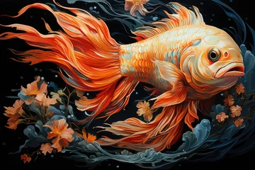 Fotobehang A painting of a goldfish in a pond of water. Generative AI. © tilialucida