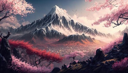 Beautiful pink sakura cherry blossom with mountain, spring landscape, AI generated