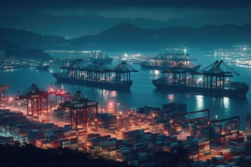 Fototapeta na wymiar Aerial view of international containers cargo ship at industrial import-export port business logistics at night, AI generated