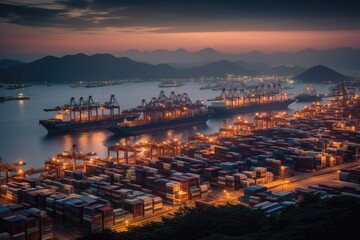 Naklejka premium Aerial view of international containers cargo ship at industrial import-export port business logistics at night, AI generated