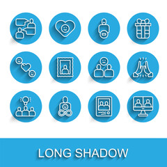 Set line Project team base, Friends forever, Two sitting men talking, Family photo, Video chat conference, Picture frame, Informal greeting and Complicated relationship icon. Vector