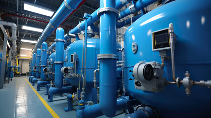 A bunch of blue pipes and valves in a building. Generative AI. Industrial boiler room and water factory.