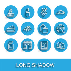 Set line Perfume, Triumphal Arch, Museum building, Portrait picture museum, Eiffel tower, Village landscape, Coffee cup and Paper shopping bag icon. Vector