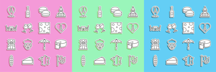 Set line Flag France, Cheese, Eiffel tower with heart, Macaron cookie, Wine glass, French cafe, and icon. Vector