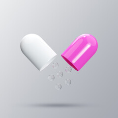 Opened capsule 3D render illustration. Opened capsule pill with medicine leaking from it.