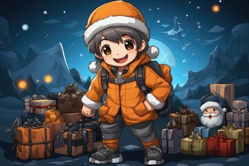 A cartoon boy with a backpack standing in front of a pile of presents. Generative AI.